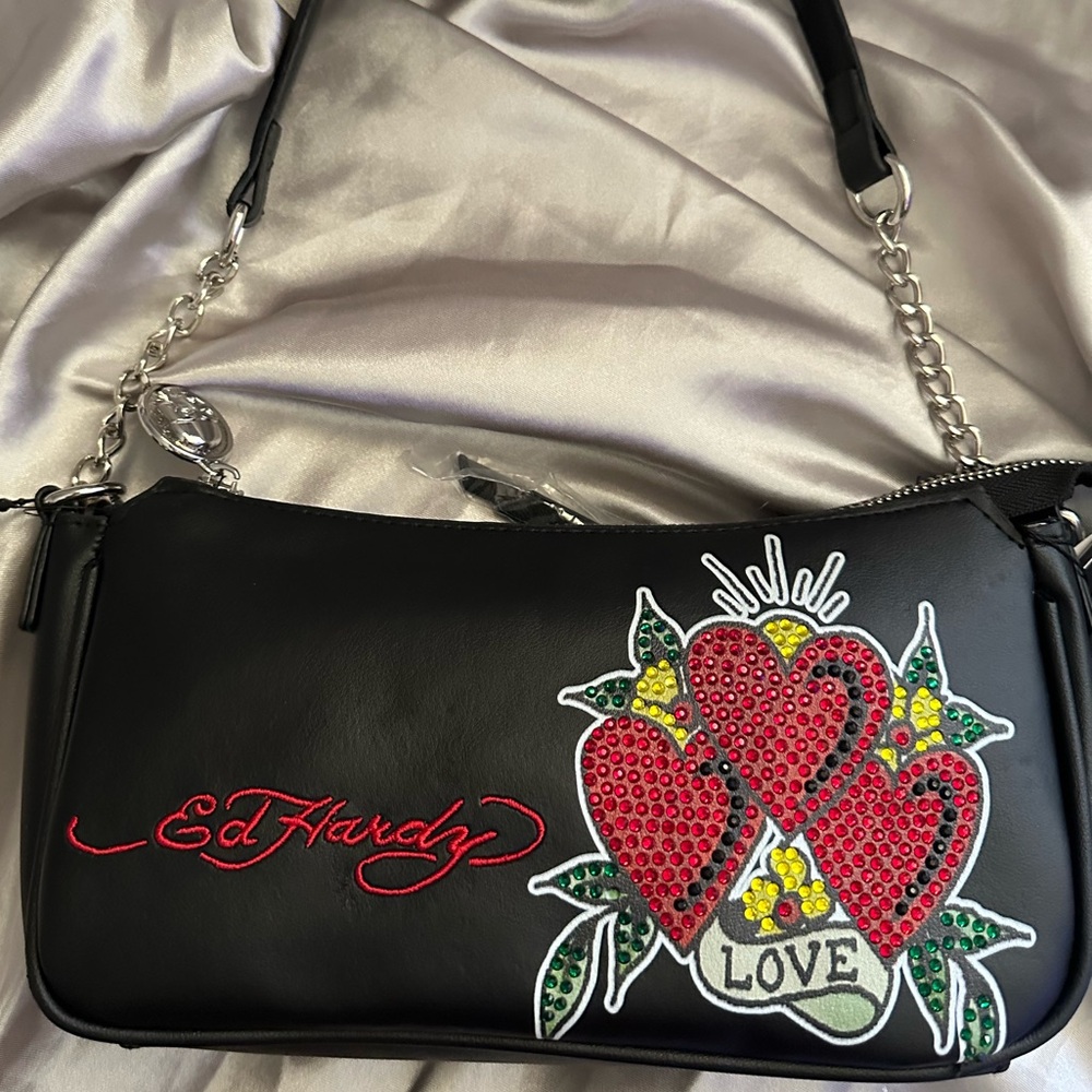 Ed Hardy Black Shoulder Bag with Red and Green Embroidery